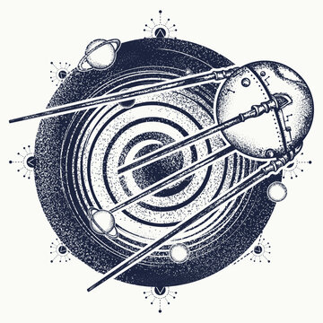 Sputnik space ship and universe. Tattoo and t-shirt design. Symbol of space expedition, science, future, research of solar system