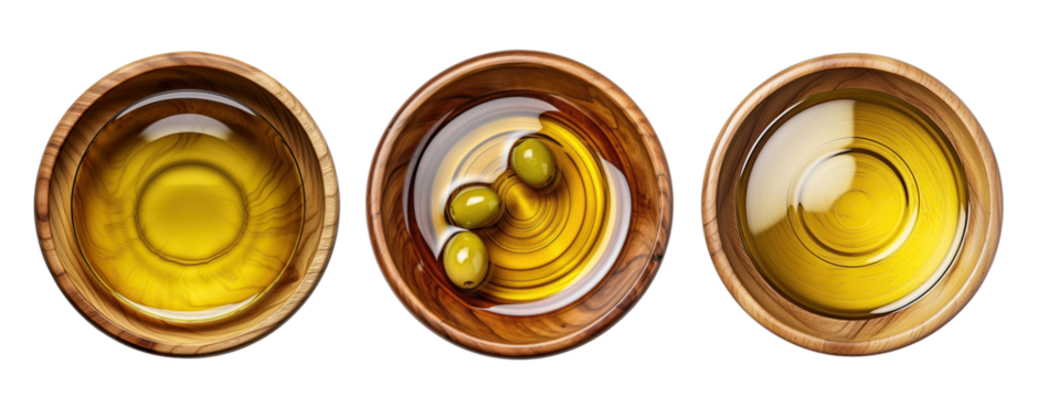 Set of wooden bowls with olive oil isolated on transparent background, top view - Powered by Adobe