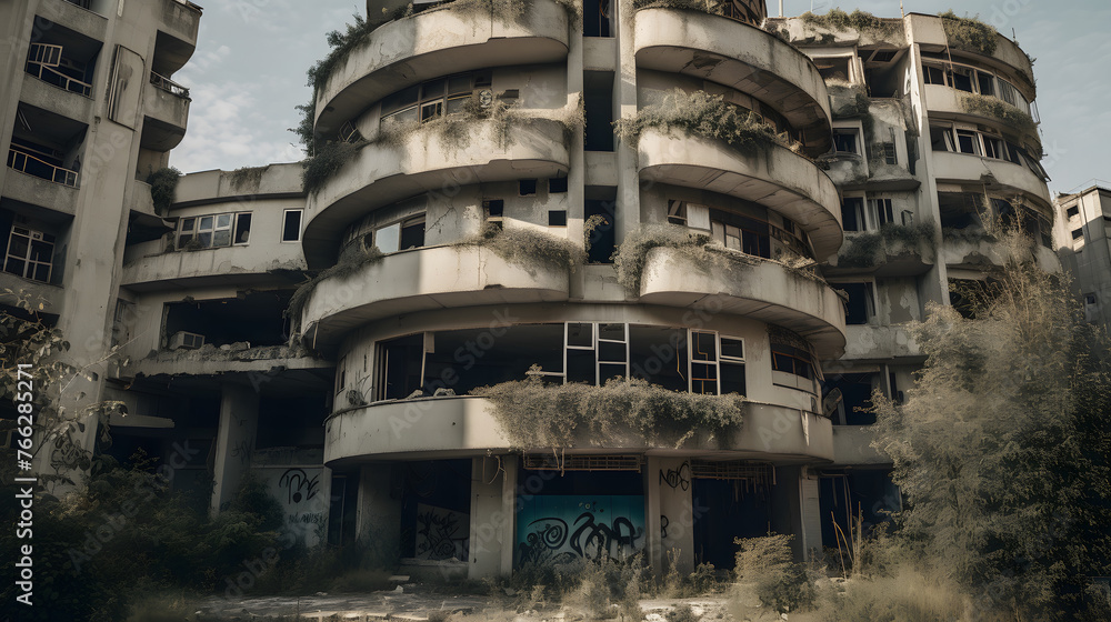 Poster a broken down apartment building with its windows on end