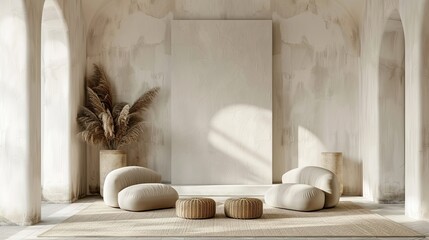 Interior poster mock up with vertical empty wooden frame