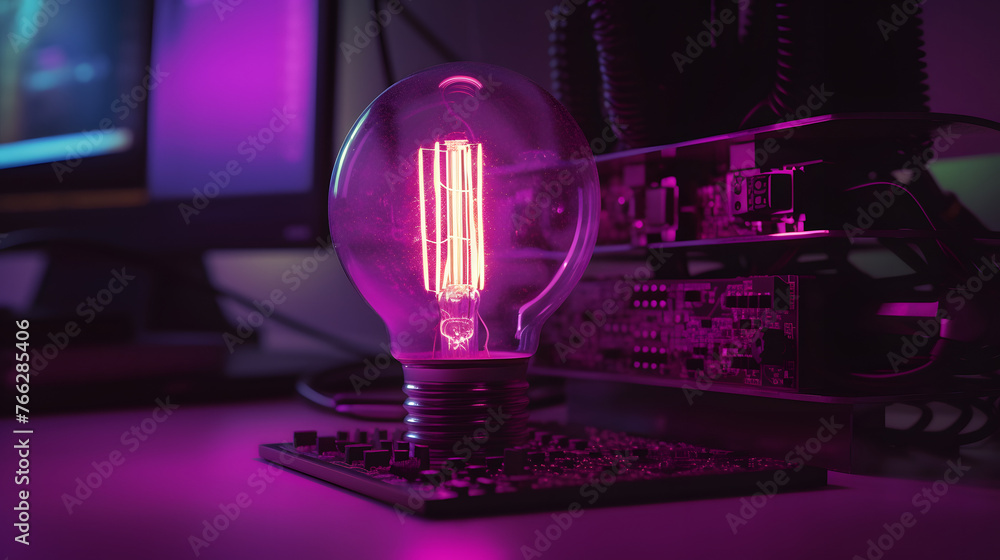 Poster a computer is plugged into a purple led lamp
