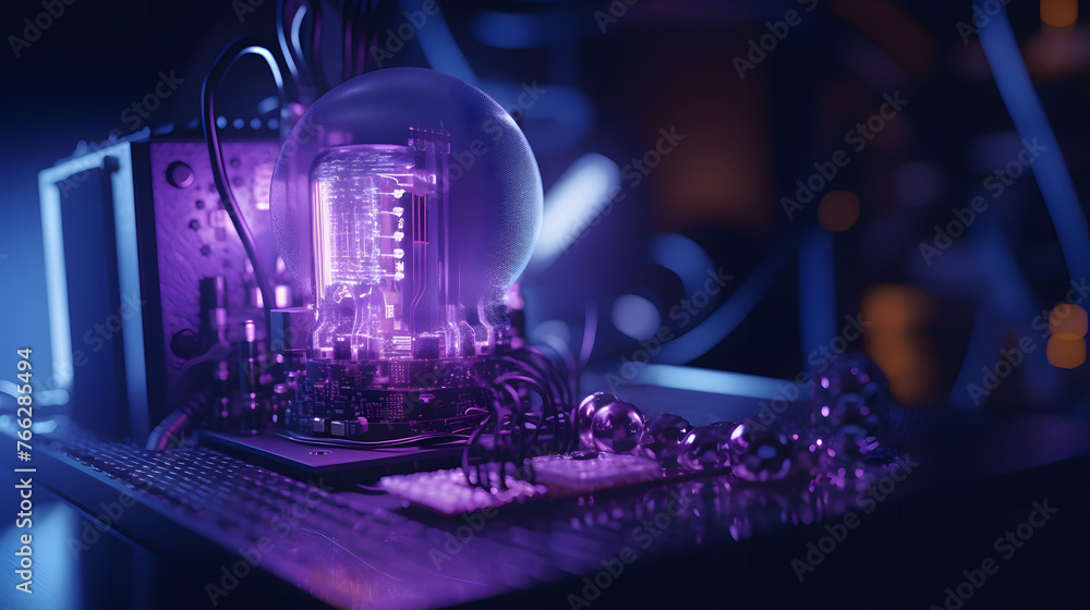 Poster a computer is plugged into a purple led lamp