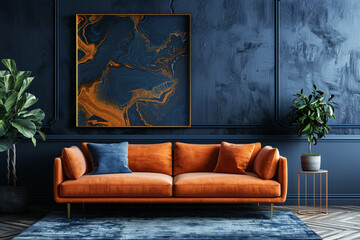Orange sofa and armchair against dark blue classic wall with marbling poster. Art deco home interior design of modern living room.