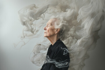 An elderly woman with motion blur emitting smoke from her face