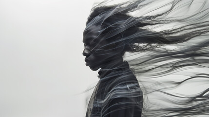 A man standing with her hair blowing in the wind motion blur 