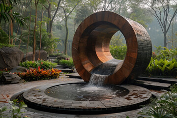 Garden featuring a fountain and a sizable wooden sculpture amidst lush greenery