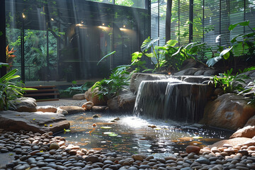 A small waterfall flows among rocks and plants in a garden setting wallpapper - Powered by Adobe