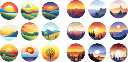  Sun time vector icons set. Nature landscapes at different day times