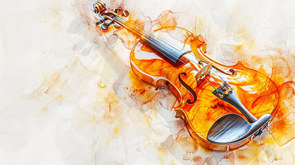 Fototapeta na wymiar Aesthetic watercolor delicate drawing of violin on light clean background. Musical concept. Copy space. Generative AI