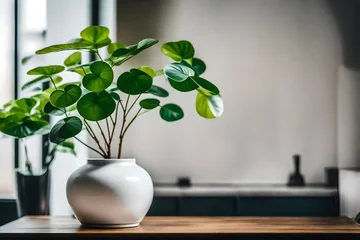 Rolgordijnen Chinese Money Plant in a white vase on a table © Ateeq