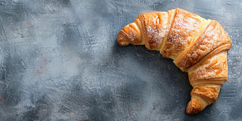 French fresh baked croissant on wide gray background, copyspace