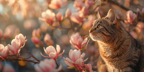 A cat perched atop a blooming magnolia tree filled with pink blooms  banner copy space