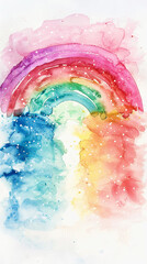 Aesthetic hand painted watercolor rainbow, pastel colours on white backdrop. Creative template. Generative AI