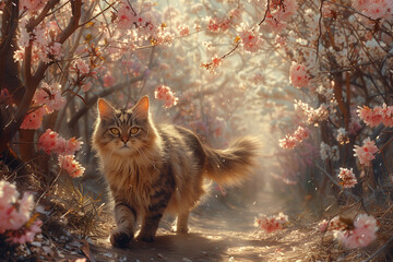 A cat gracefully walks down a path on a sunny day in blooming trees around