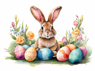 Watercolor illustration of a cute easter bunny and easter eggs