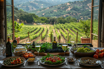 A table indoors filled with various plates of food placed next to a window, showcasing a meal setup