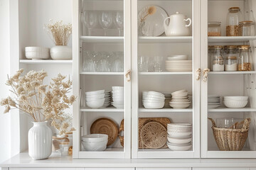 Opened white glass cabinet with clean dishes and decor. Scandinavian style kitchen interior. Organization of storage in kitchen.
