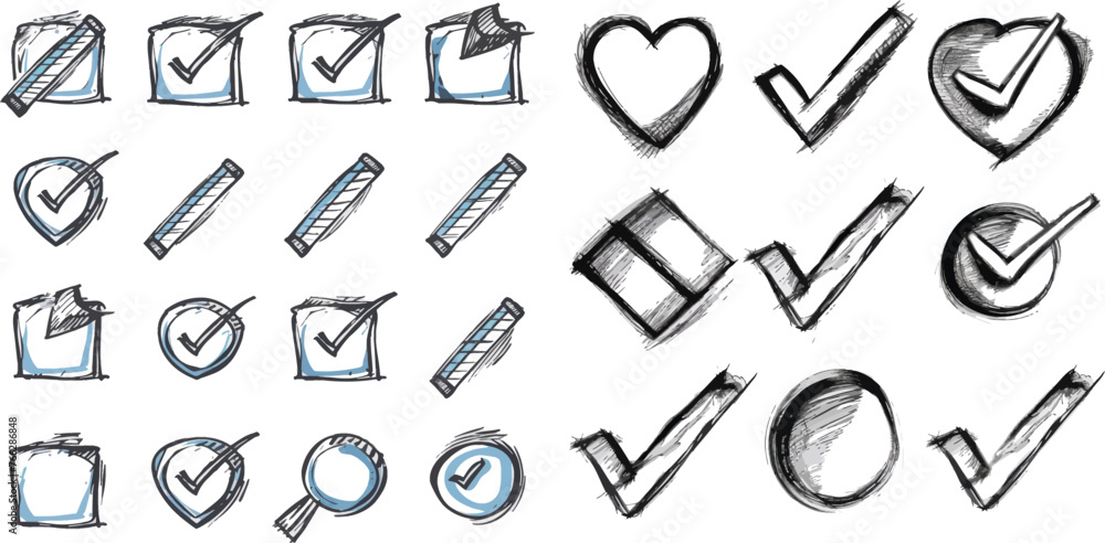Poster check signs sketch, voting agree checklist mark or examination task list. sign isolated vector illus