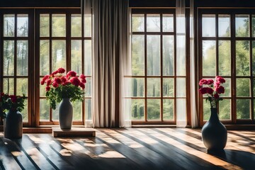 large window and tall vases