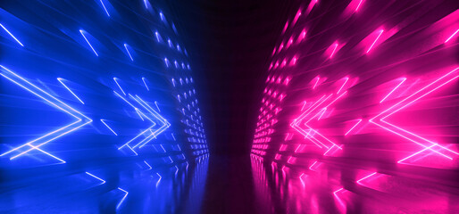 Cyber Sci Fi Futuristic Neon Purple Blue  Synthwave Tunnel Corridor Background Fashion Parking Warehouse Garage Underground Cement Pointers Arrows 3D REndering