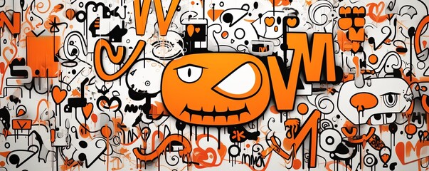 White paper background with orange letters and glyphs, in the style of mr. doodle, sparklecore