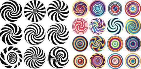 Swirl hypnotize spirals, vertigo geometric illusion and rotating stripes round pattern vector illustration set - obrazy, fototapety, plakaty