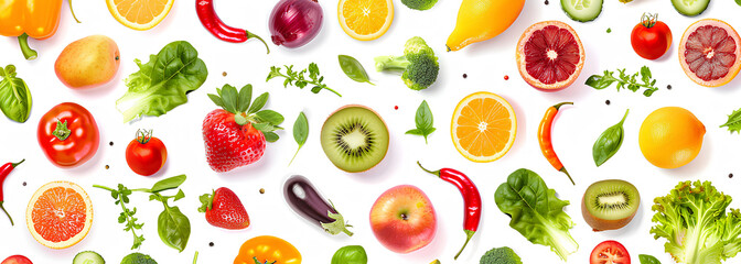 Horizontal pattern from healthy fruits, vegetables isolated on white background
