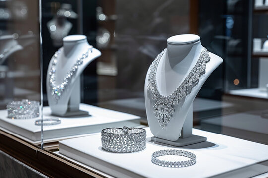 Presentation of a retail showcase in a jewelry store, Bracelets and diamond necklaces displayed in a luxury retail shop window
