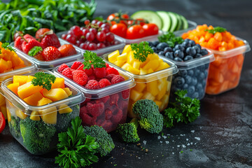 Various fresh fruits and vegetables neatly arranged in plastic containers  healthy meal preparation