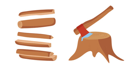 Stump with Metal Axe, chopped tree trunks. Tool for cutting down trees, firewood isolated on white background. Axe with wood handle. Vector illustration for hiking, camping, logging. Chopping wood. 