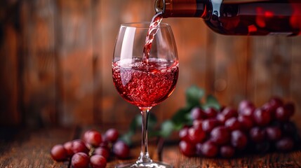 Pouring red wine into the glass against rustic background. Pour alcohol, winery concept. Made with...