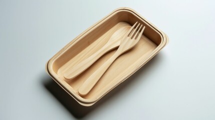 Natural Wooden Utensils in Compostable Tray. Generative ai