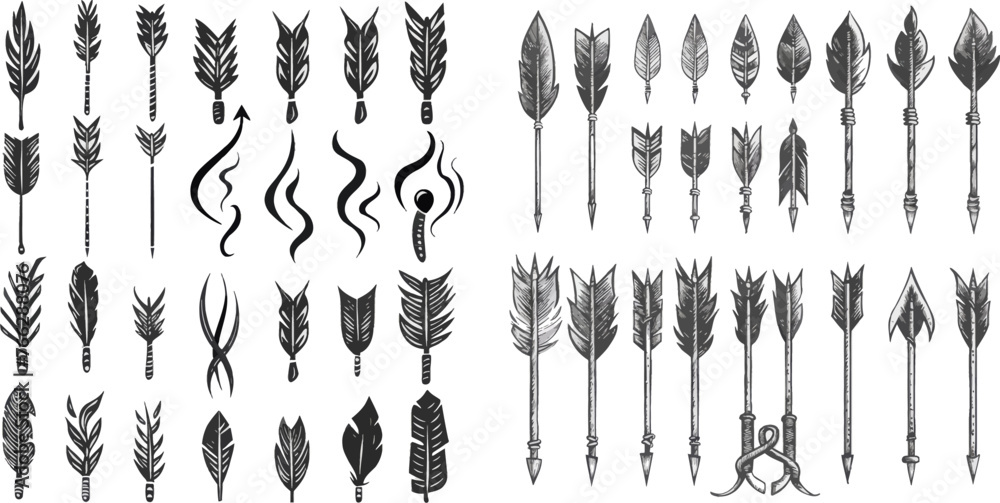 Poster curved scribble arrow, sketch pointer line and doodle vector set