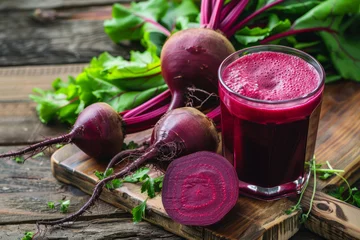  A glass of juice is poured over a cutting of beets. The juice is a deep red color and the beets are cut in half. Organic beet juice with fresh beets and greens on a rustic wooden cutting board © Nataliia_Trushchenko