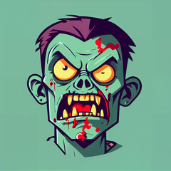 This colorful, cartoonish zombie wears a bowtie and a suit. Its green skin contrasts with its red hair and yellow eyes. The expressive face features drooling and a heart-shaped mouth. 