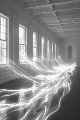 Obraz premium Room with windows captured using long exposure, showing motion blur and light trails vertical