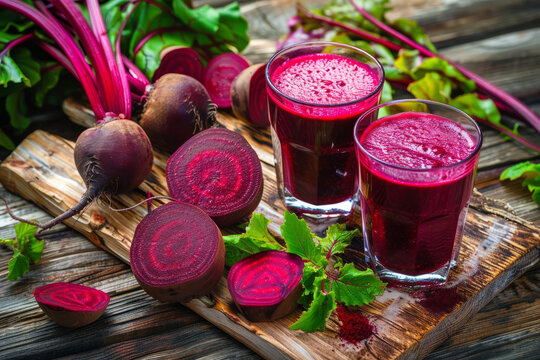 A glass of juice is poured over a cutting of beets. The juice is a deep red color and the beets are cut in half. Organic beet juice with fresh beets and greens on a rustic wooden cutting board