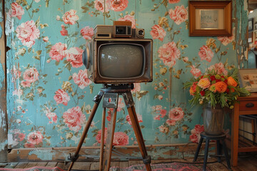 An antique television set perched atop a sturdy tripod
