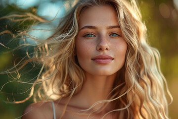 Portrait of woman with beautiful natural long wavy blonde hair