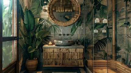 A tropical-inspired bathroom with bamboo cabinetry, a stone vessel sink, and a rain shower...