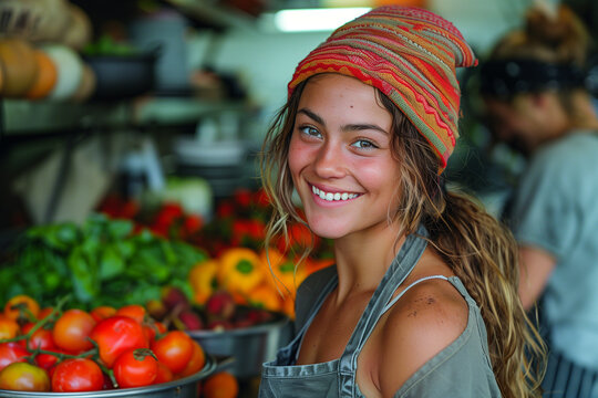 A woman standing in front of a bowl filled with ripe red tomatoes on the market