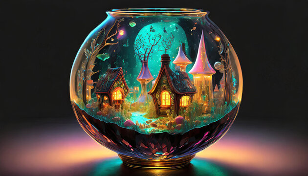 Glass vase with an enchanting fairy village garden inside