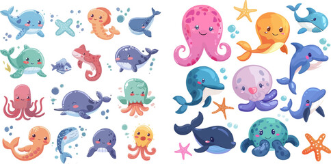 Cute sea animals characters vector illustration set