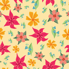 Colorful spring flowers vector repeat pattern on yellow background