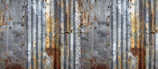 A detailed shot of a weathered corrugated metal wall, showcasing a rusty facade with a unique pattern in a natural landscape setting