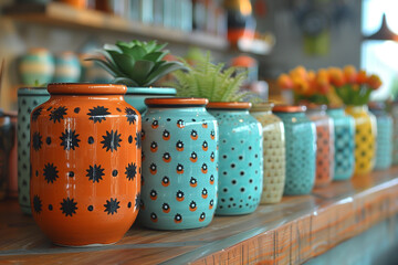A row of vibrant vases displayed on a wooden shelf  retro DIY craft