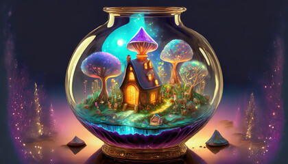 Glass vase with a mystical fairy village garden inside. Generative AI.