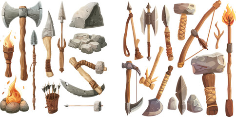 Bow and arrow, ancient hammer, cave axe - obrazy, fototapety, plakaty