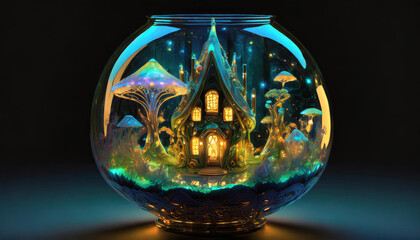 Glass vase with a mystical fairy village garden inside. AI generated.