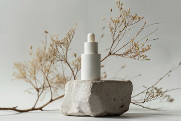 On a light background, a white dropper bottle is placed on a gray stone podium alongside delicate dry twigs in this minimalist display for showcasing products with a touch of natural elegance. - 766289291